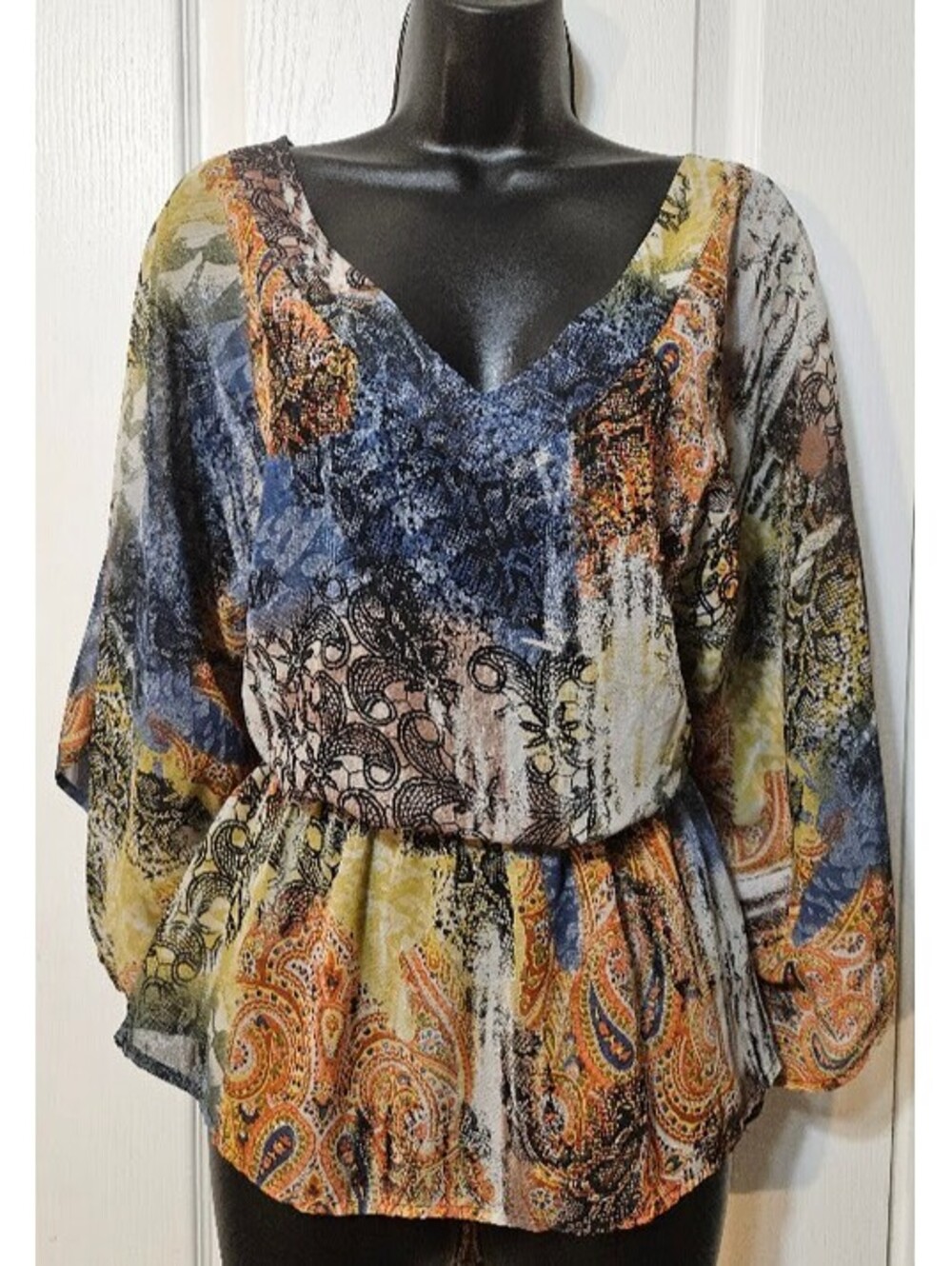 Autumn Print Semi-Sheer Blouse Large Boho Fall Paisley Peasant Chic